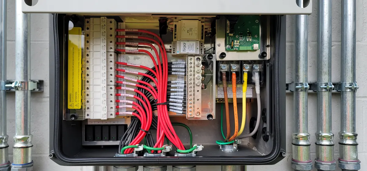 Solar combiner box with Tigo rapid shutdown transmitter and labeled wiring